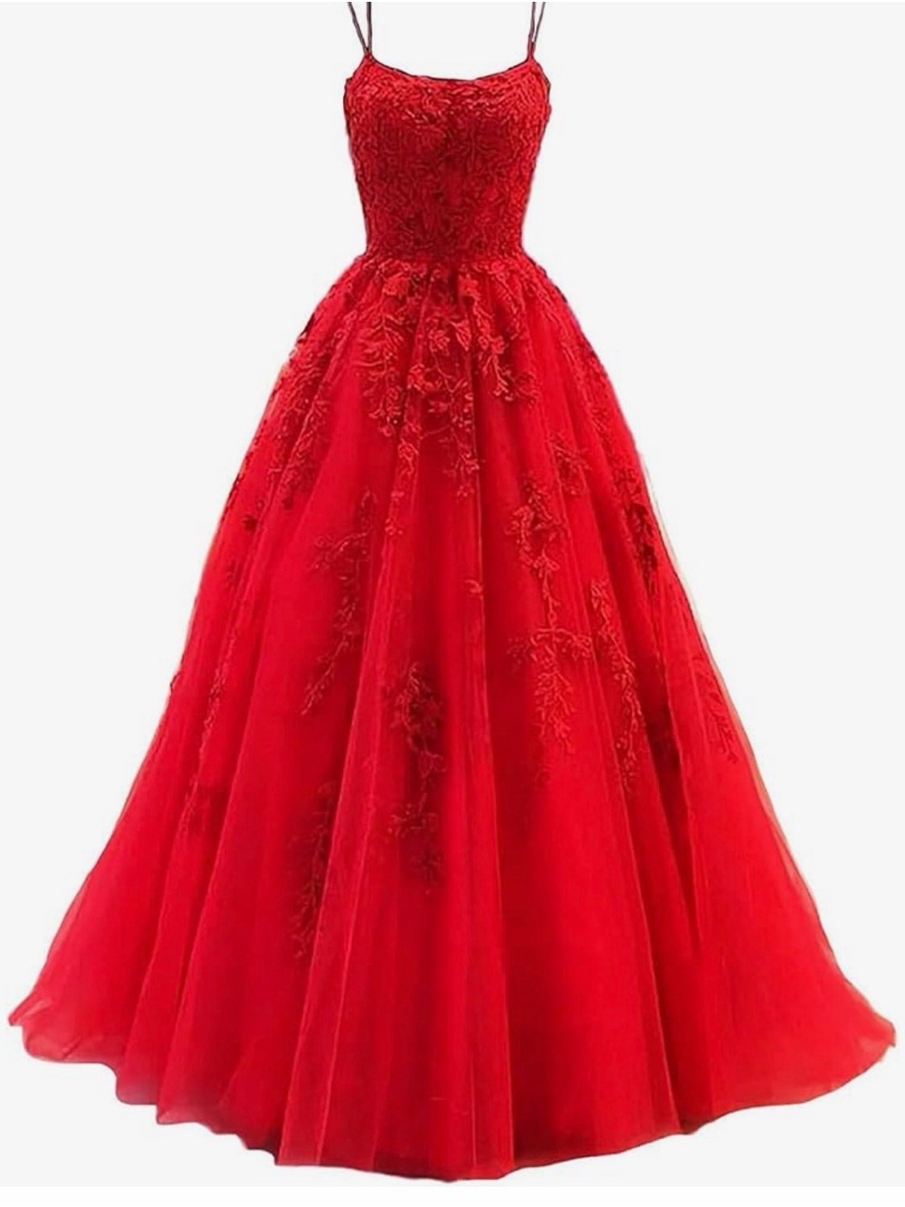 Amazon Red Lace Applique Ball Gown with Spaghetti Straps